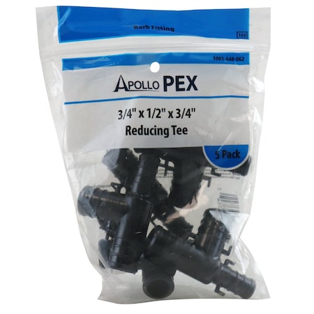 Apollo 3/4 in. x 1/2 in. x 3/4 in. Plastic PEX Barb Reducing Tee (5-Pack), 5PK PXPAT3412345PK